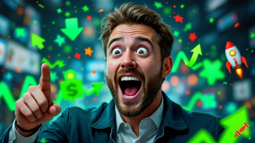 An excited man points upwards amidst green stock market arrows, a dollar sign, and a rocket.