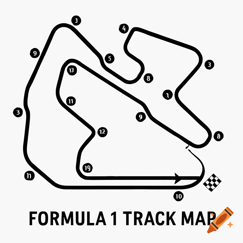 A black and white diagram of a Formula 1 race track map with numbered corners and text.