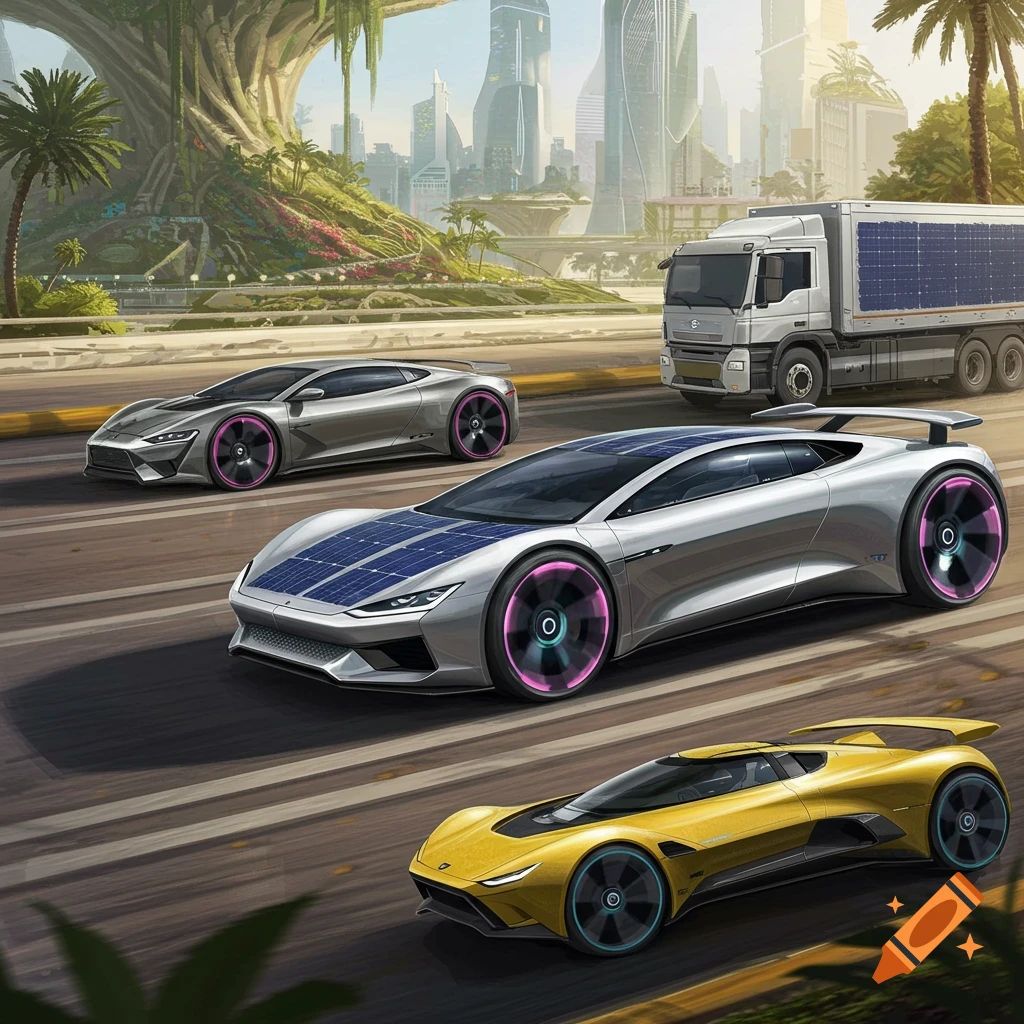 Futuristic cars and a truck on a road in a futuristic city.
