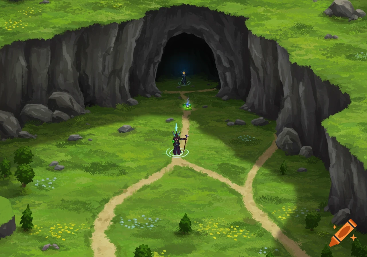 Fantasy battle map of a grassy path forking before a cave entrance.