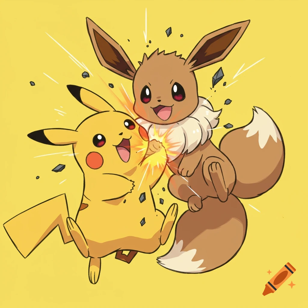 Cartoon style illustration of Pikachu and Eevee colliding with a burst of light and debris.