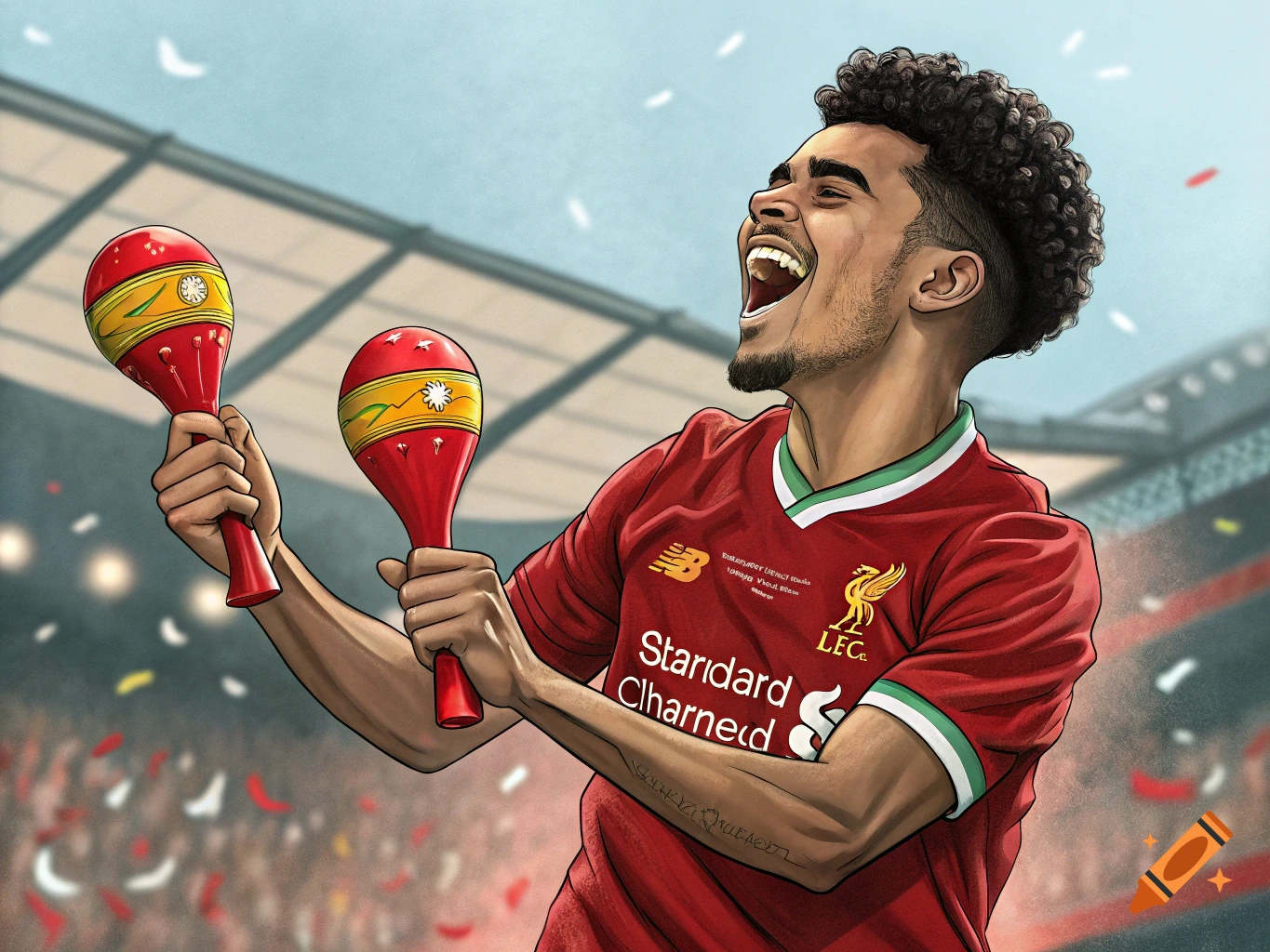 Illustration of a soccer player holding maracas in a stadium, celebrating.