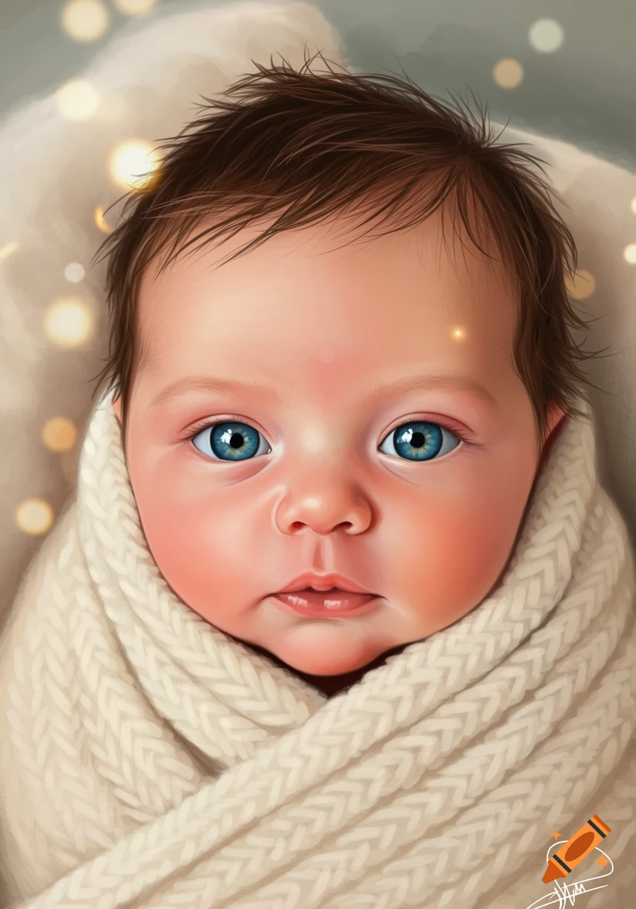 Close-up of a baby wrapped in a cream blanket with big blue eyes.