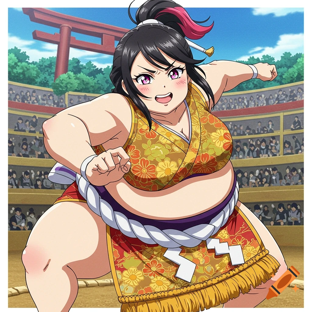 Anime sumo wrestler in a ring, ready for a bout.