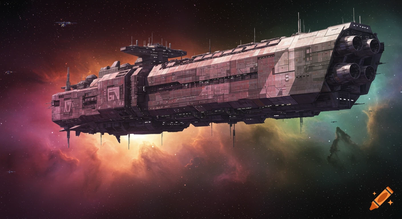 A large futuristic space cargo freighter flies through colorful nebulae.