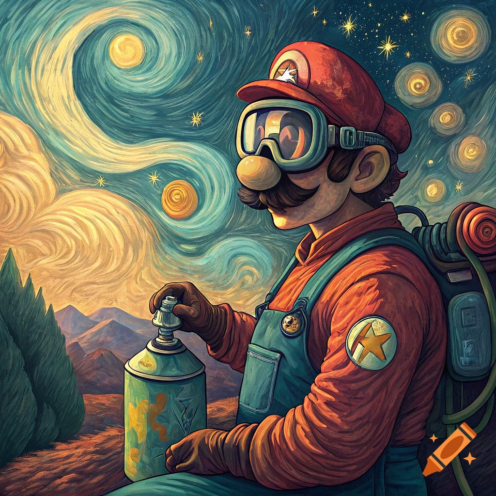 Mario in Van Gogh style wears goggles, holds a spray can, under a swirling starry sky.