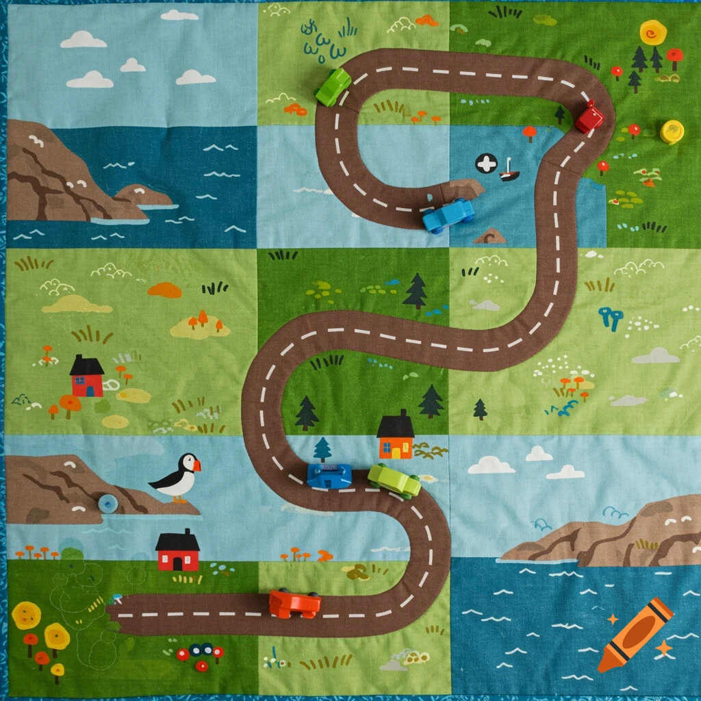 Overhead view of a quilted play mat with roads, toy cars, houses, water, and a puffin.