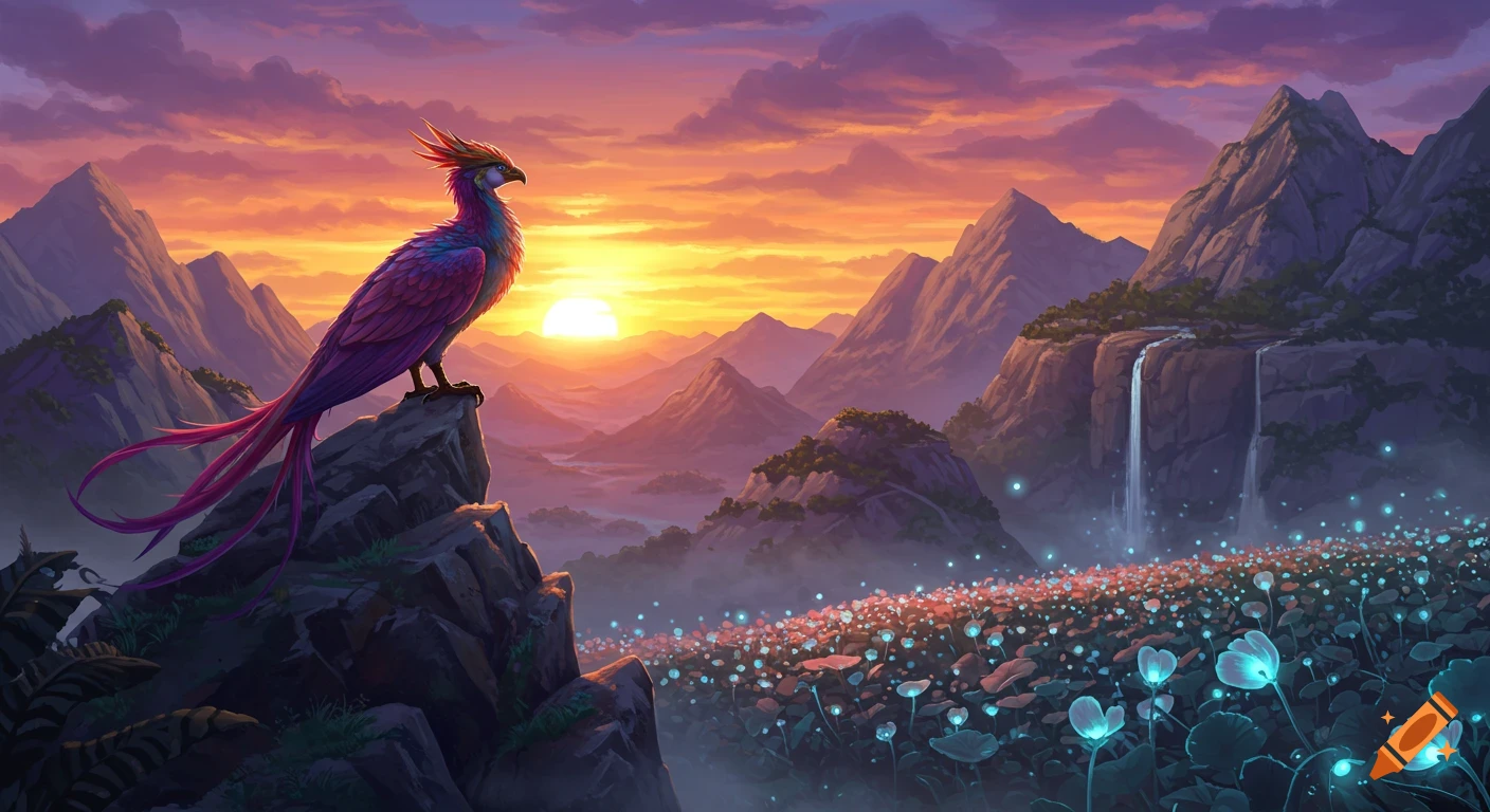 A colorful fantasy bird watches the sunset over mountains and a field of glowing flowers.