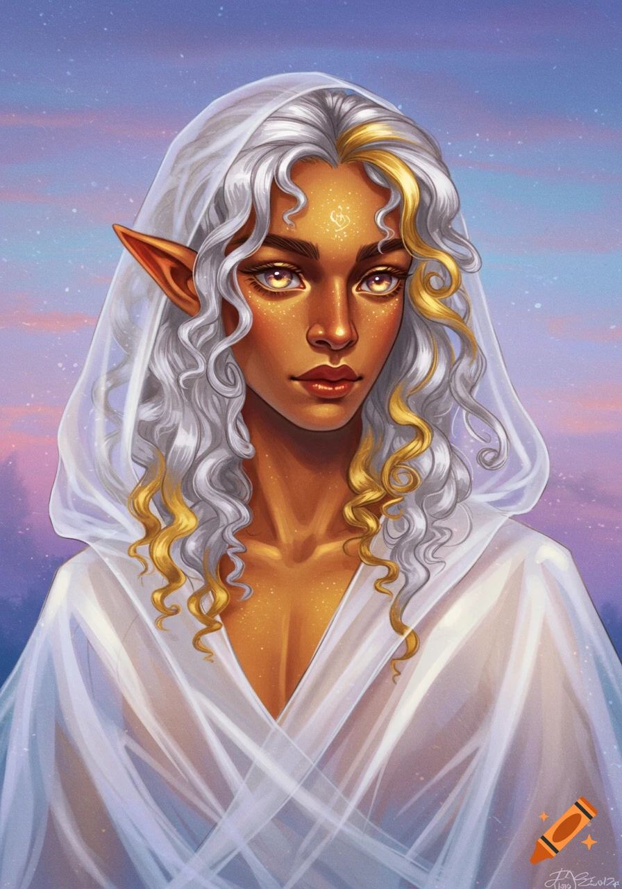 Portrait of an androgynous elf with golden skin and eyes, silver and gold curly hair, wearing a white hooded robe.