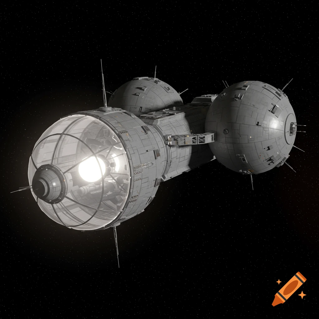A detailed futuristic grey spaceship with a large transparent sphere front against a starry background.
