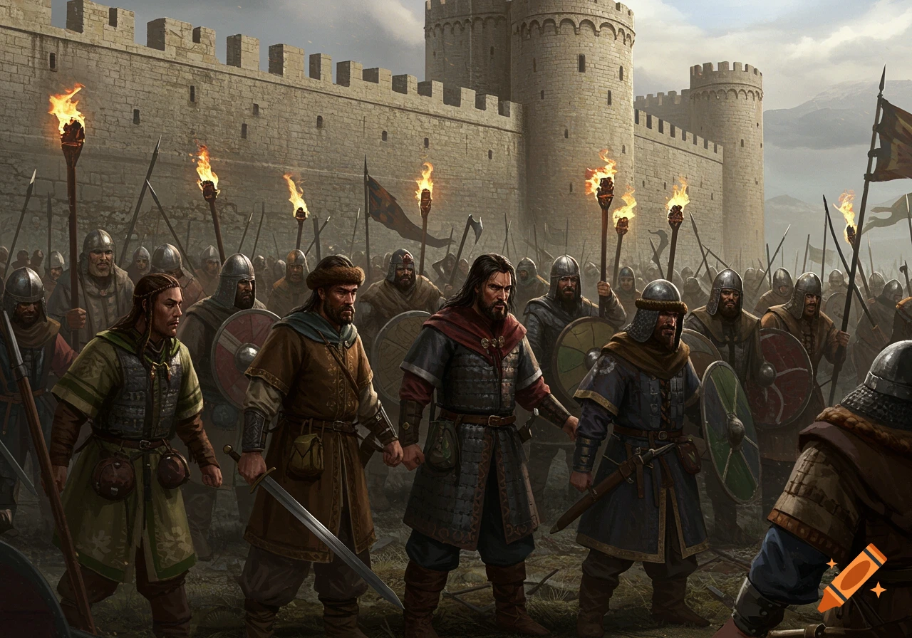 Medieval warriors with torches standing in front of a castle wall.