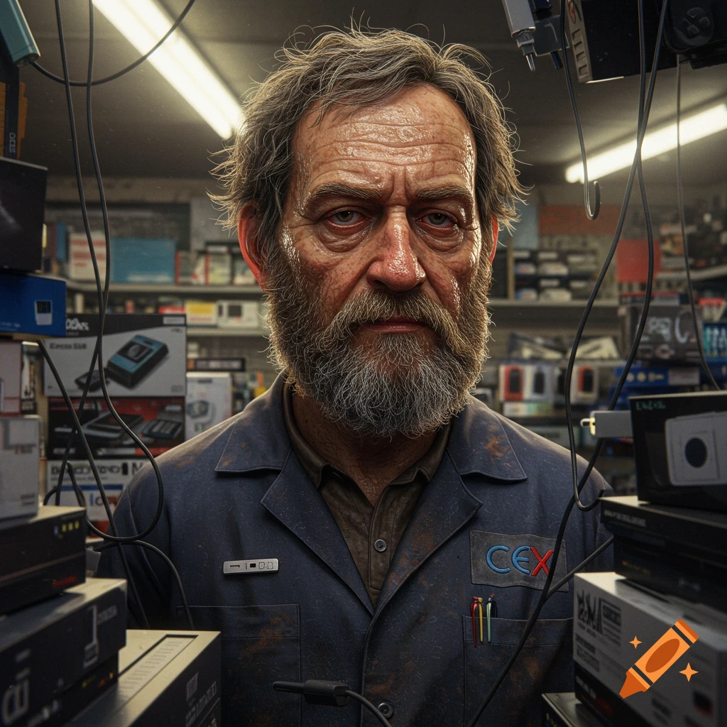 A man with a beard is wearing a work jacket and surrounded by electronics in a store.