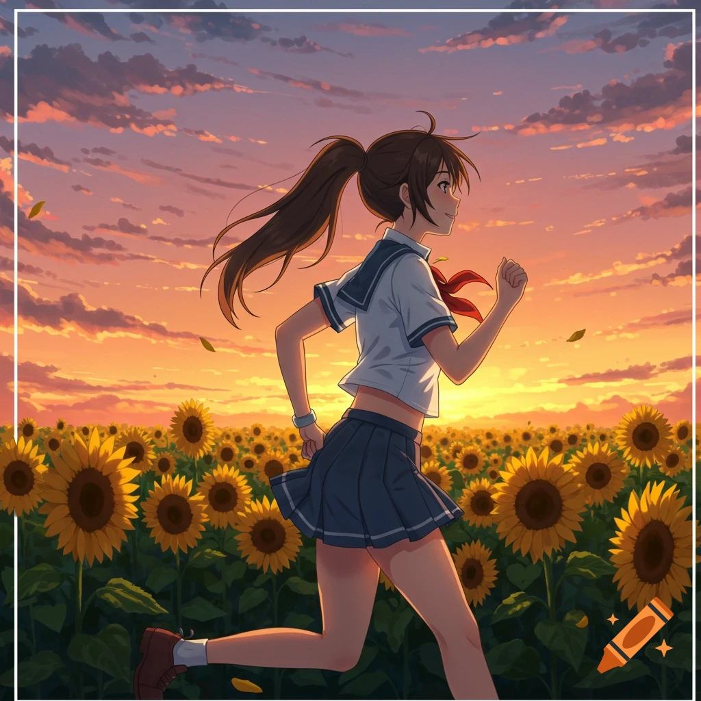 Anime girl running through a sunflower field at sunset.