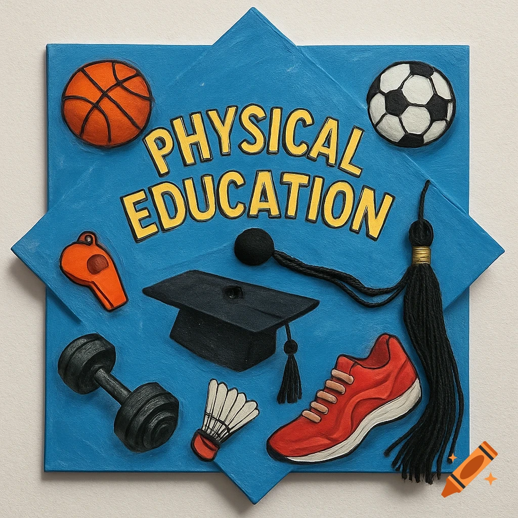 A Physical Education graduation cap decorated with sports equipment and text.