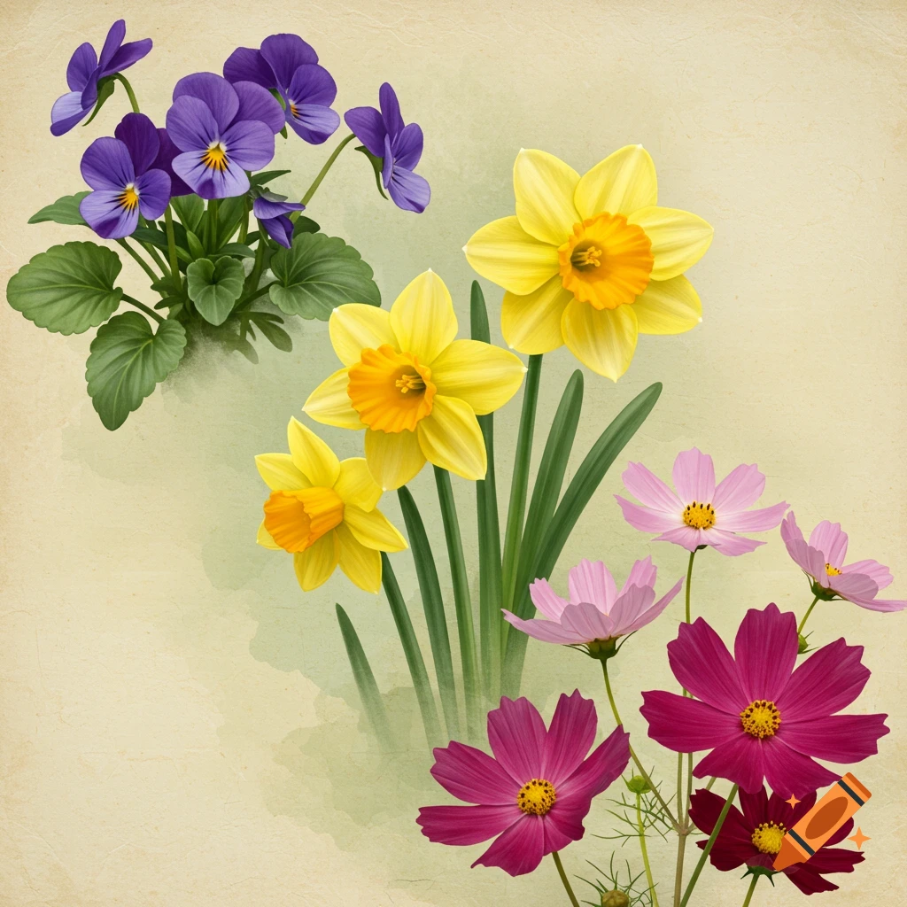 A vibrant floral arrangement featuring purple violets, yellow daffodils, and pink and magenta cosmos flowers against a textured backdrop.