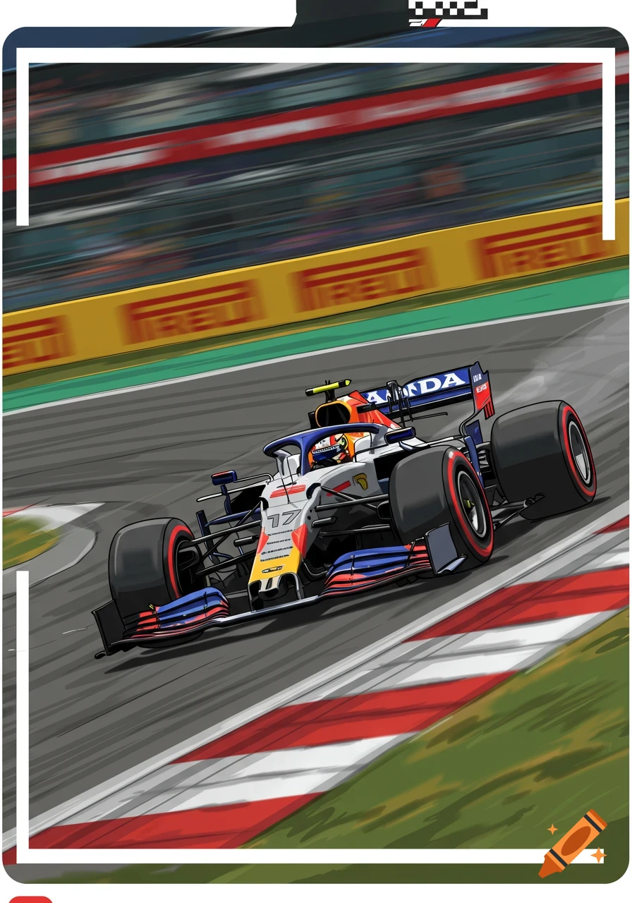 Clip art illustration of a Formula 1 car racing on a track.
