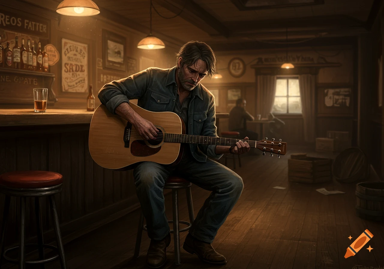 A man sits on a bar stool playing an acoustic guitar in a dimly lit pub.