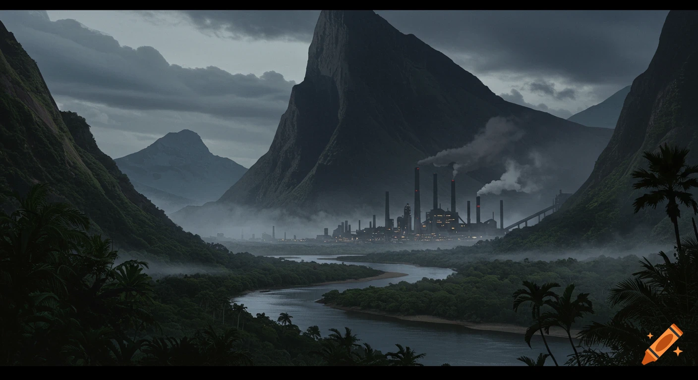 dark mountains, jungle river valley, and an industrial city with smokestacks.