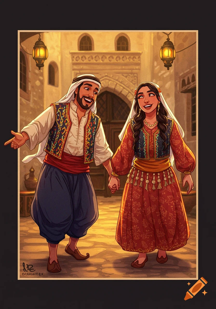 Digital illustration of a couple in traditional Middle Eastern clothing walking hand-in-hand through a market.