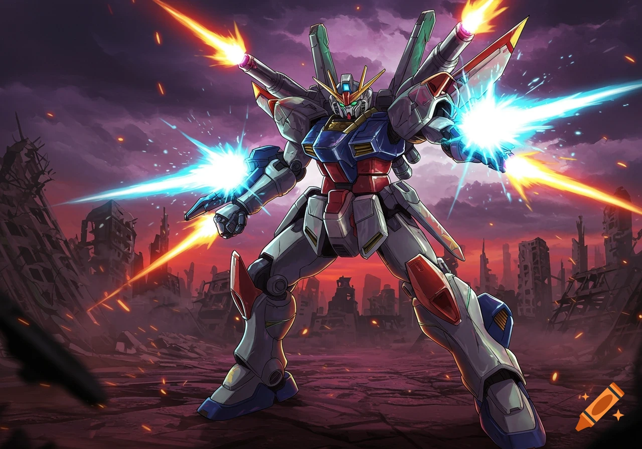 A large robot firing energy blasts and bullets in a ruined city landscape.
