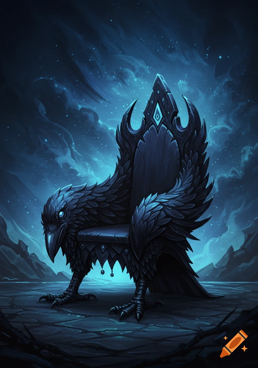 A mystical chair shaped like a crow in a dark fantasy setting.