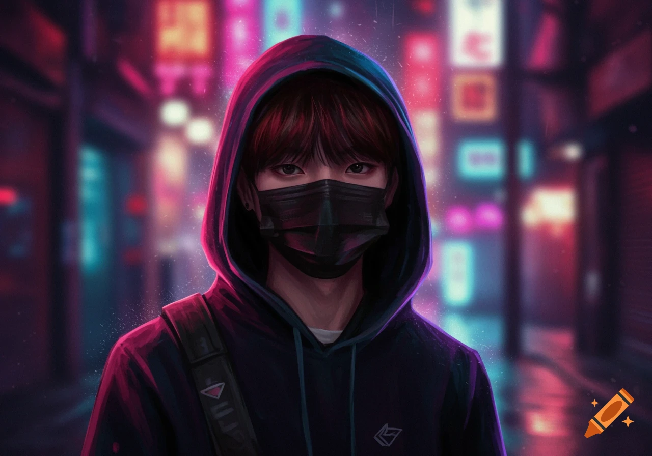 A person in a mask and hoodie stands in a rainy cyberpunk alley illuminated by neon lights.