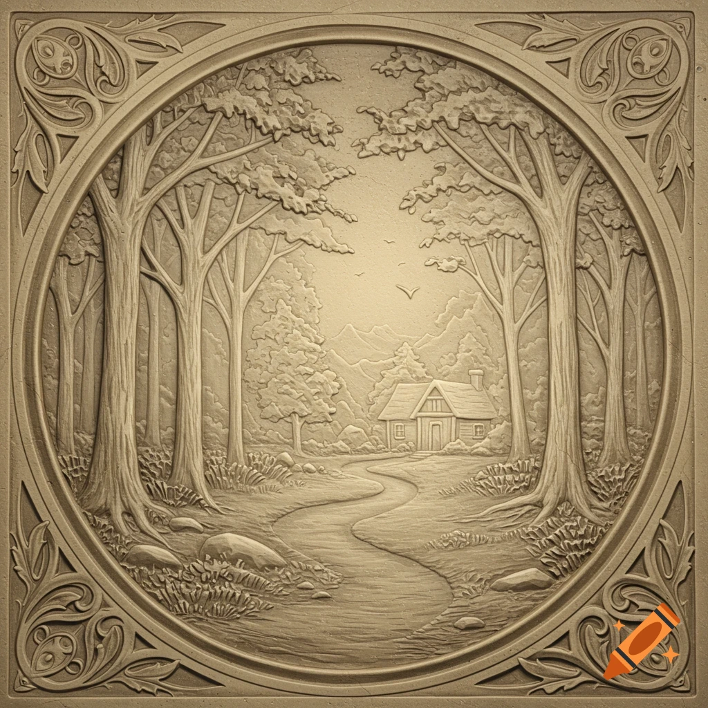 Bas relief sculpture of a forest scene with a cabin
