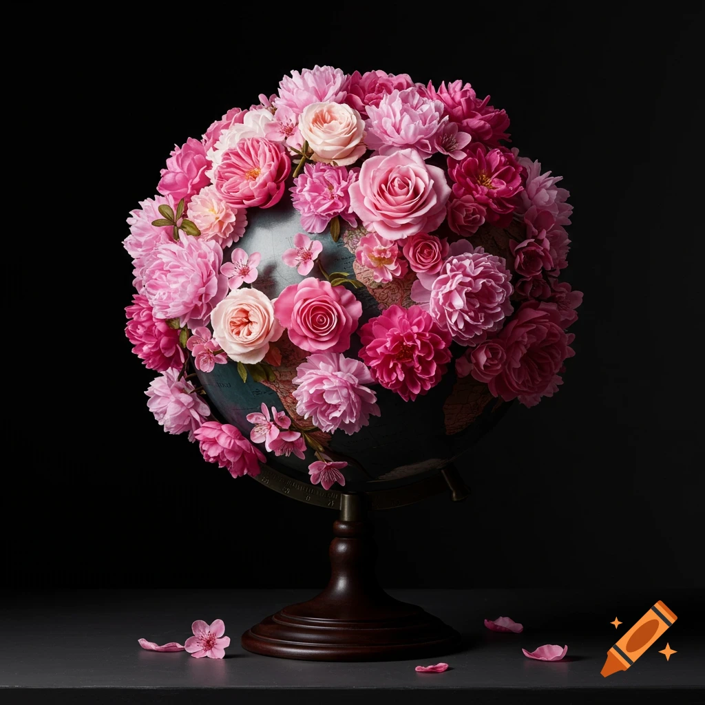 A vintage globe on a stand is heavily covered in a large bouquet of pink roses and other pink flowers.