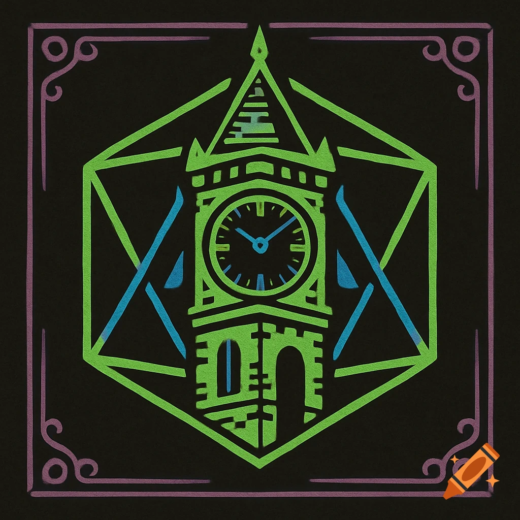 Stylized graphic of a green and blue clocktower within a purple hexagonal symbol on black background.