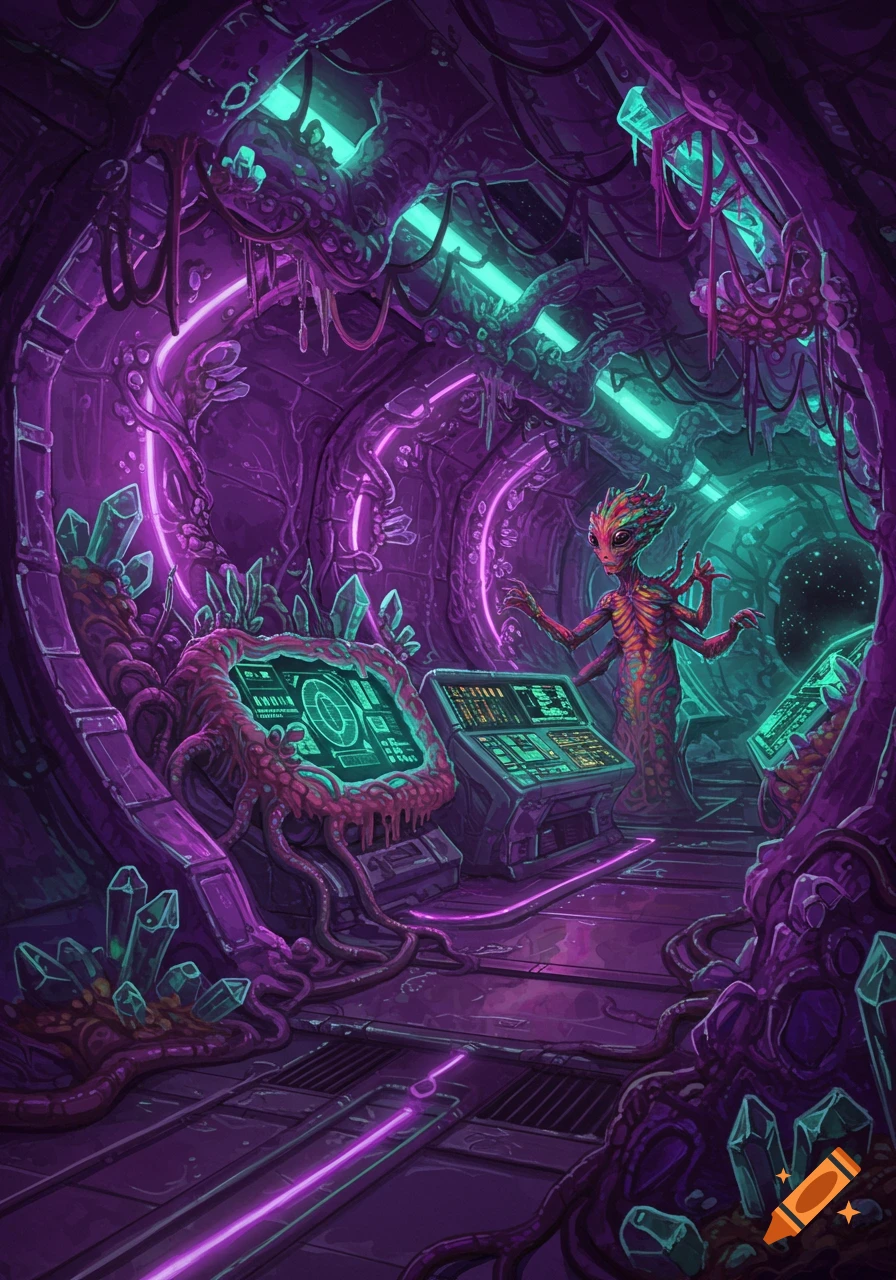 An alien stands by screens in a purple alien spaceship with crystals