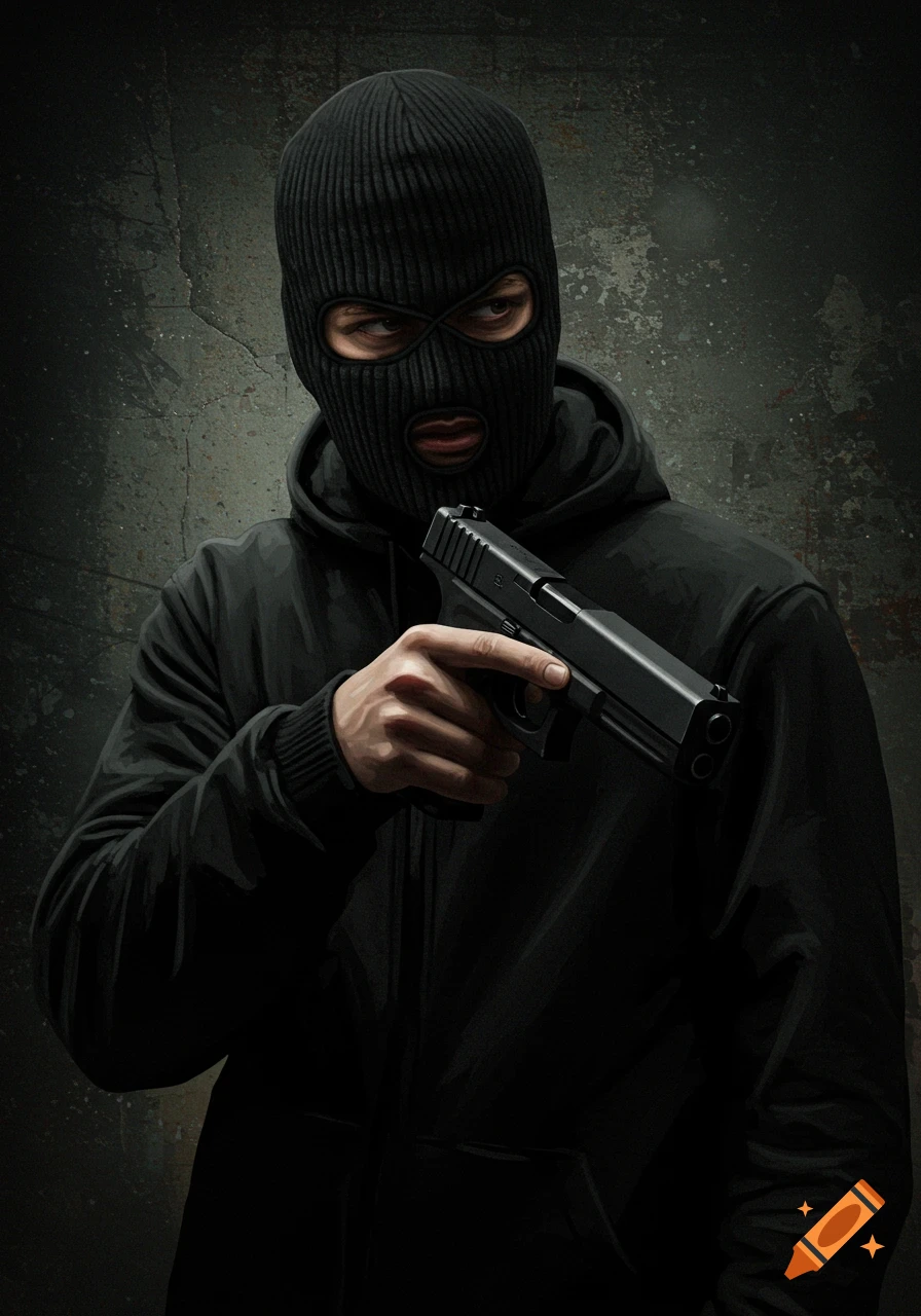A person wearing a ski mask and holding a handgun.