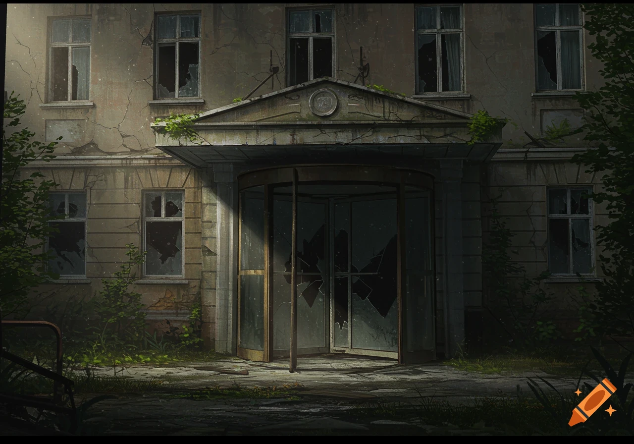 The entrance to an abandoned hotel with broken windows and door.