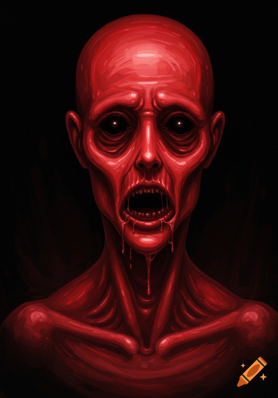 A red, slimy creature with black eyes and dripping mouth stares from the dark.