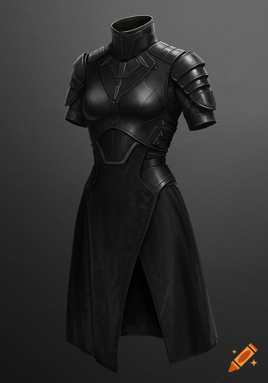 A black futuristic military uniform/dress on a mannequin.