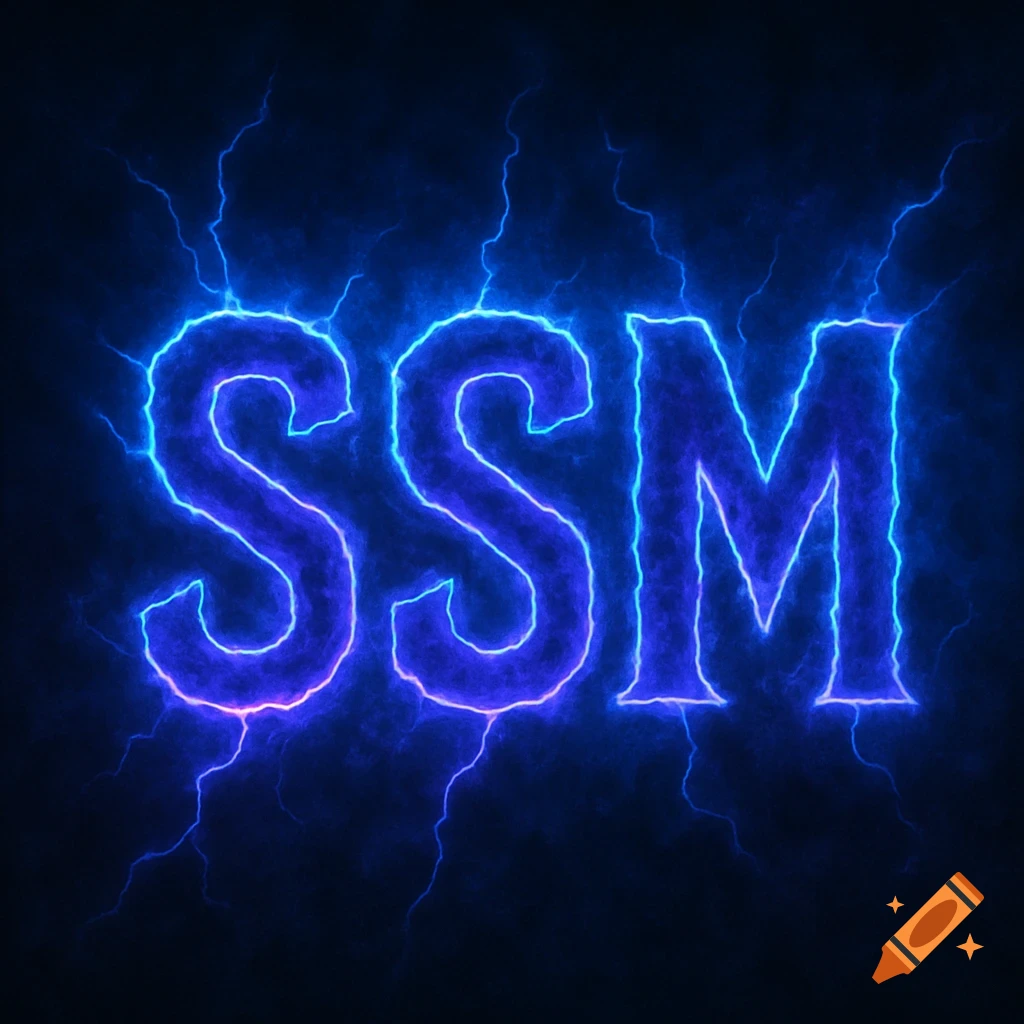 The letters SSM rendered in glowing blue and purple lightning against a dark background.