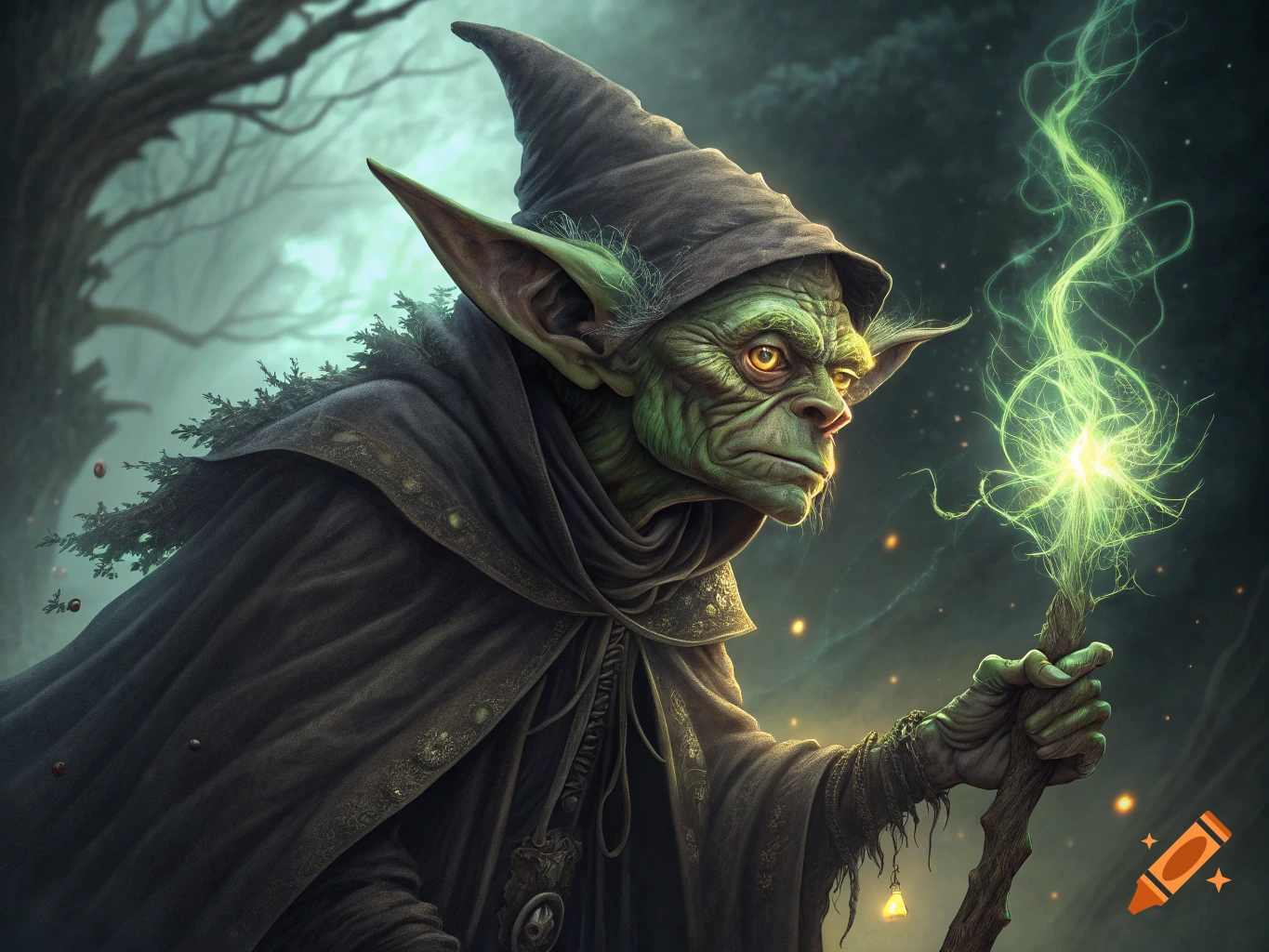 A gaunt, green-skinned creature in a wizard hat and cloak holds a staff emanating green energy in a dark forest.