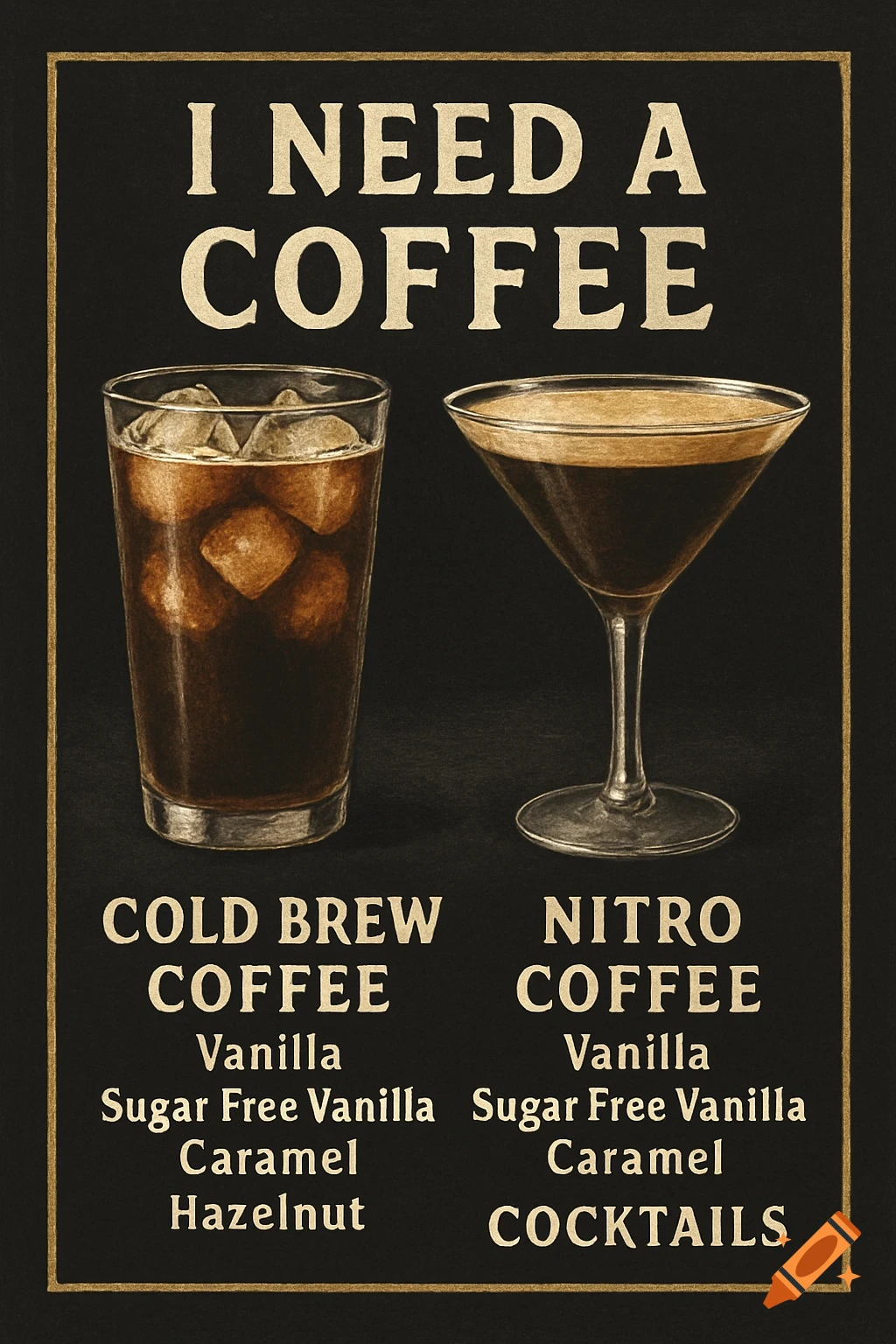A coffee menu with two drinks, cold brew and nitro, in a chalkboard style.