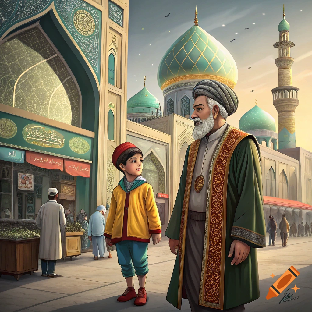 A man and a boy in traditional clothes stand on a city street with a mosque and minarets in the background.