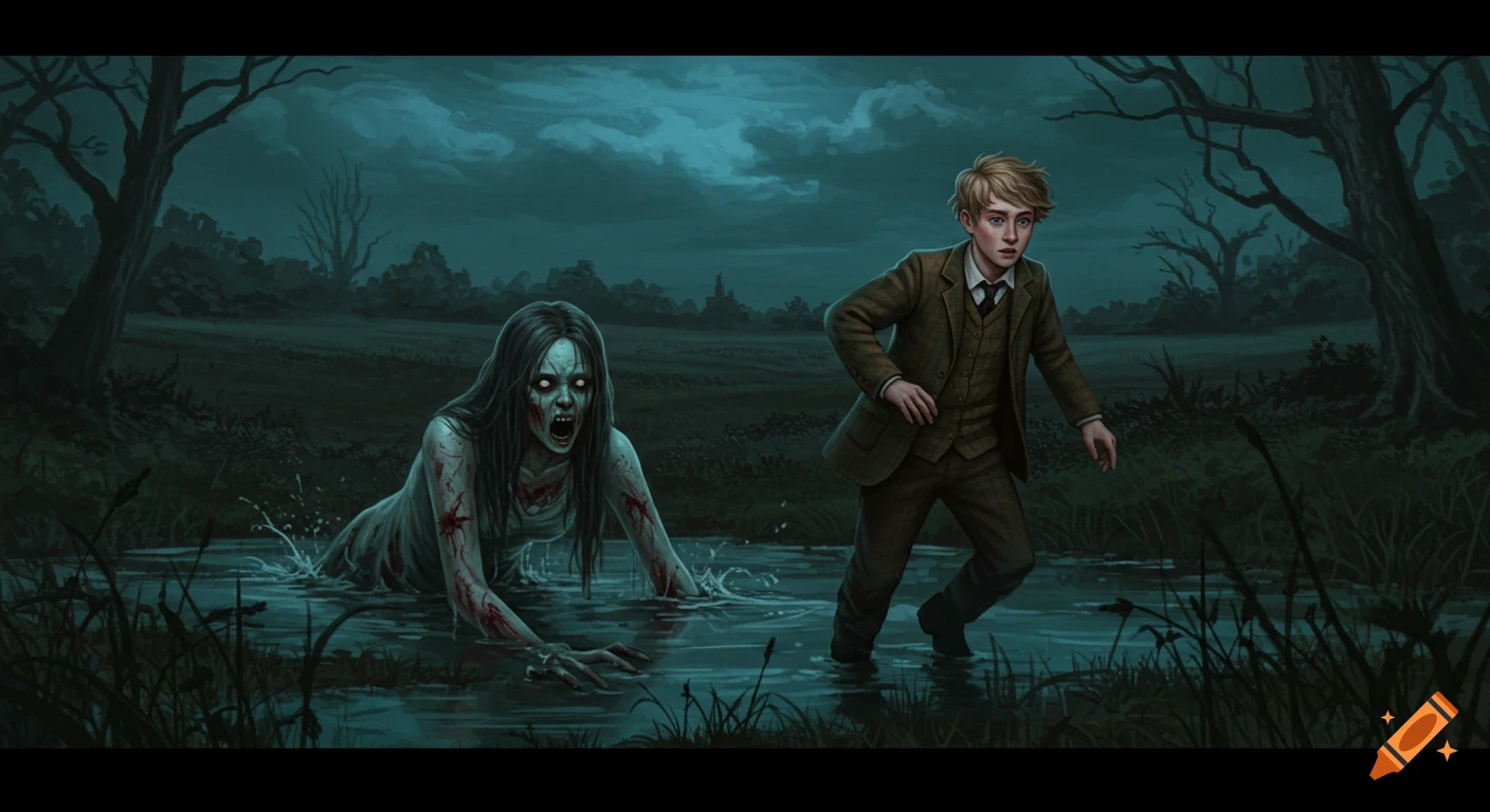 A young man runs from a ghostly figure with blood on its dress and face, emerging from a dark swamp at night.