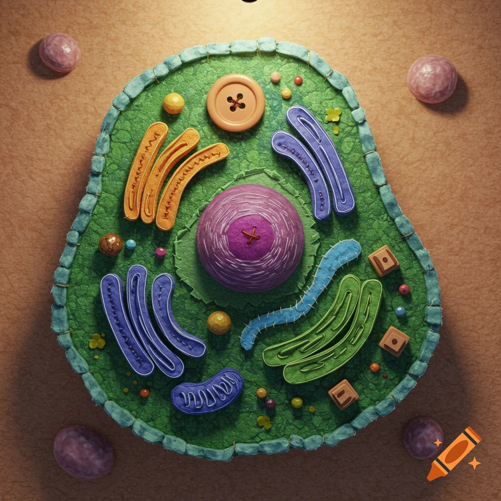 An animal cell model made from arts and crafts supplies like felt and buttons.