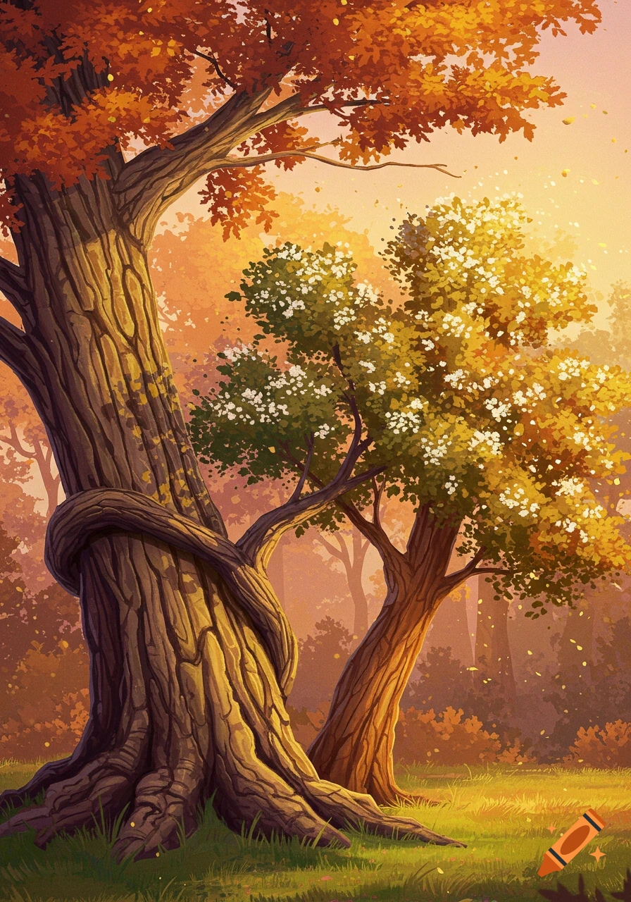Trees intertwined in an autumn forest.