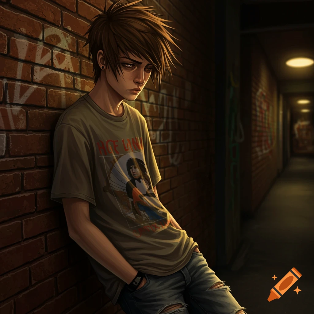 A grunge teenage man leans against a brick wall in a dim urban setting.