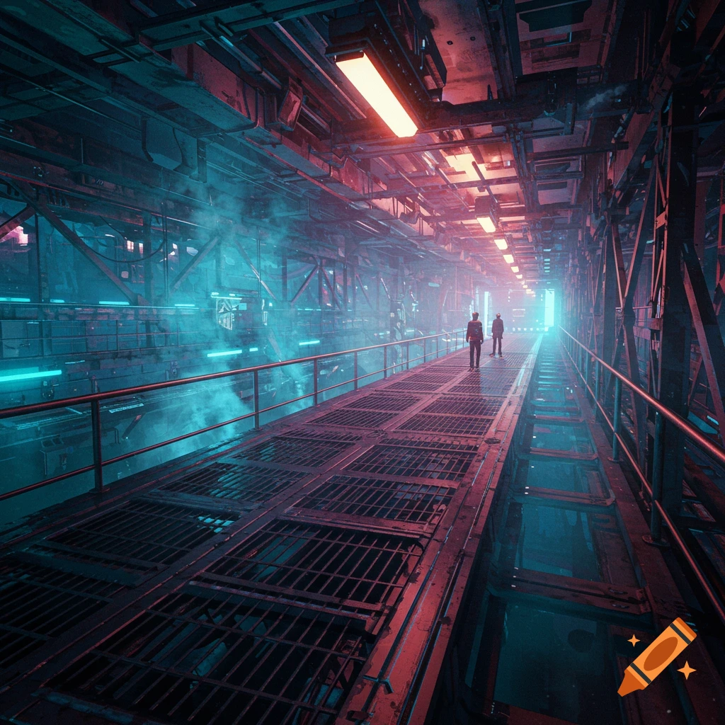 Two figures on a futuristic industrial catwalk with red and blue lights and fog