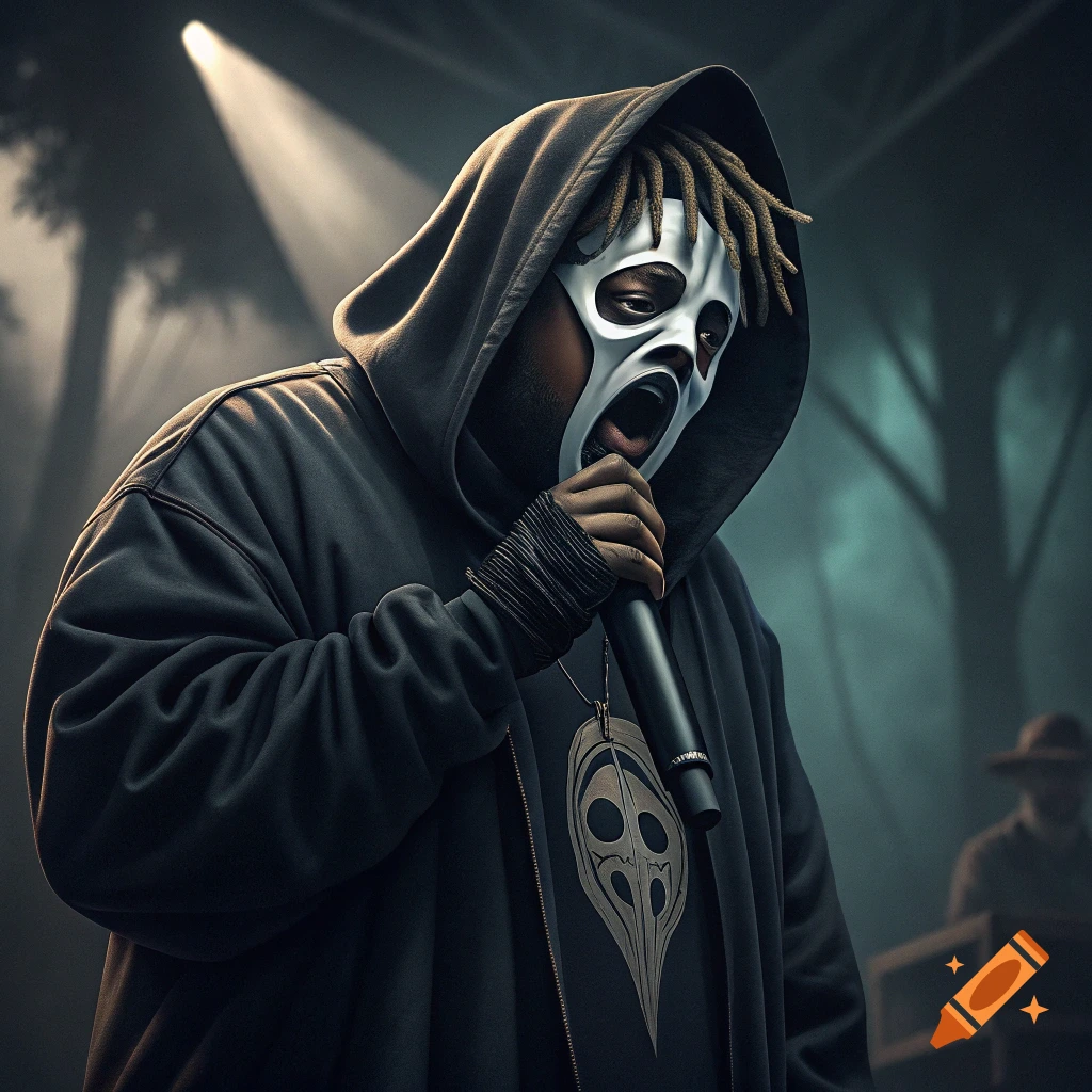 Person in Ghostface mask and black hoodie holding microphone on stage, digital art