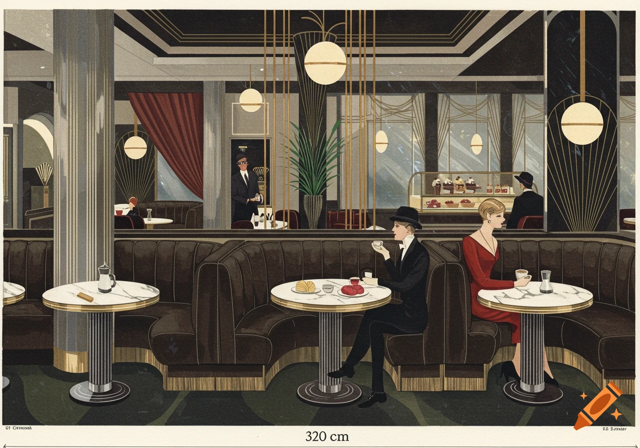 An art deco illustration of people in a cafe with booths and a dessert display.