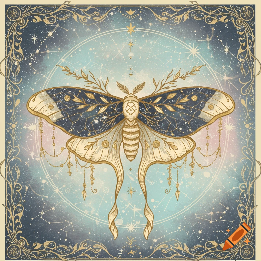 Dreamy vintage illustration of a spirit moth with celestial wings and golden threads against a starry periwinkle and pink background.