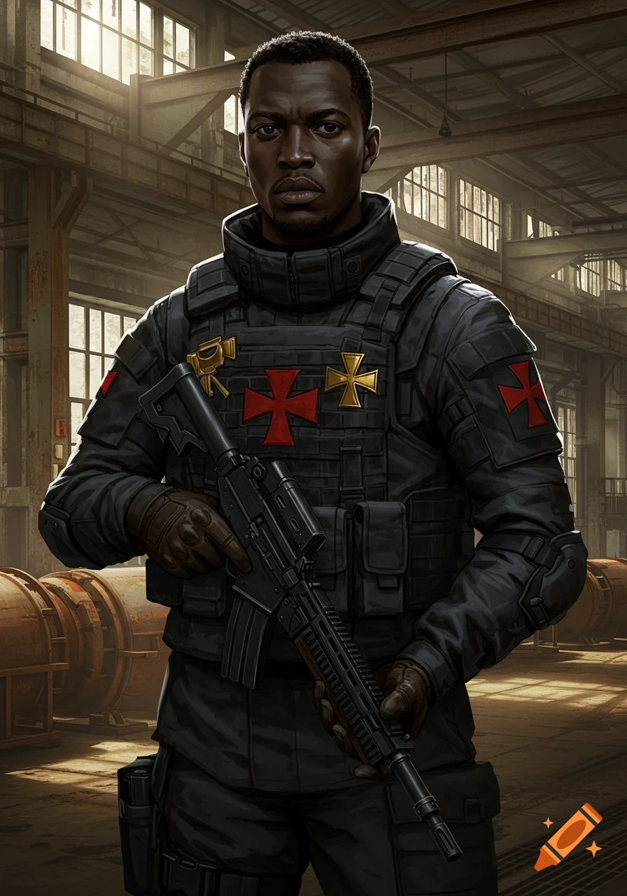 A military operator in black tactical gear with templar badges holds a rifle in a factory.