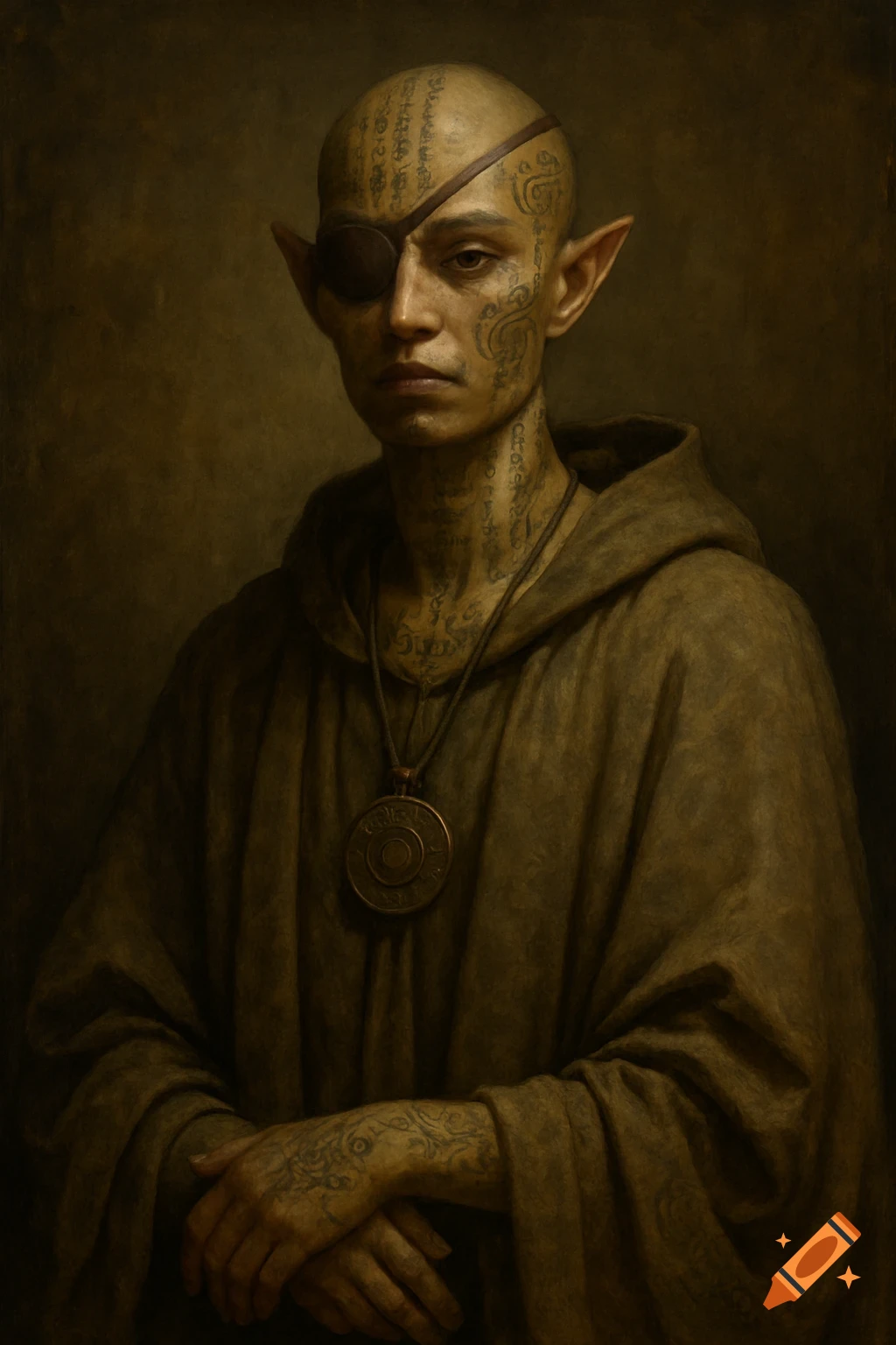 Portrait of an elf in a hooded robe with an eye patch and extensive tattoos in a dark painting style.