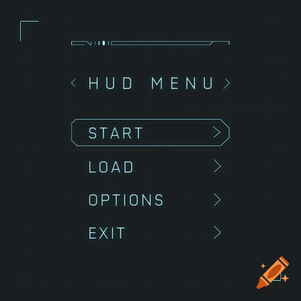 A minimal scifi heads-up display (HUD) menu with options like Start, Load, Options, and Exit.