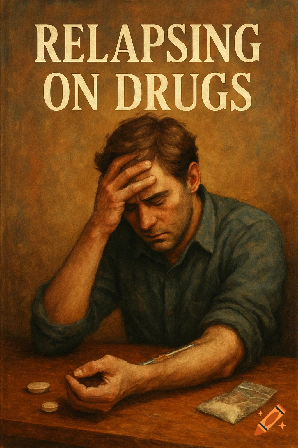 A distressed man with a syringe in his arm, with text 'RELAPSING ON DRUGS' above.